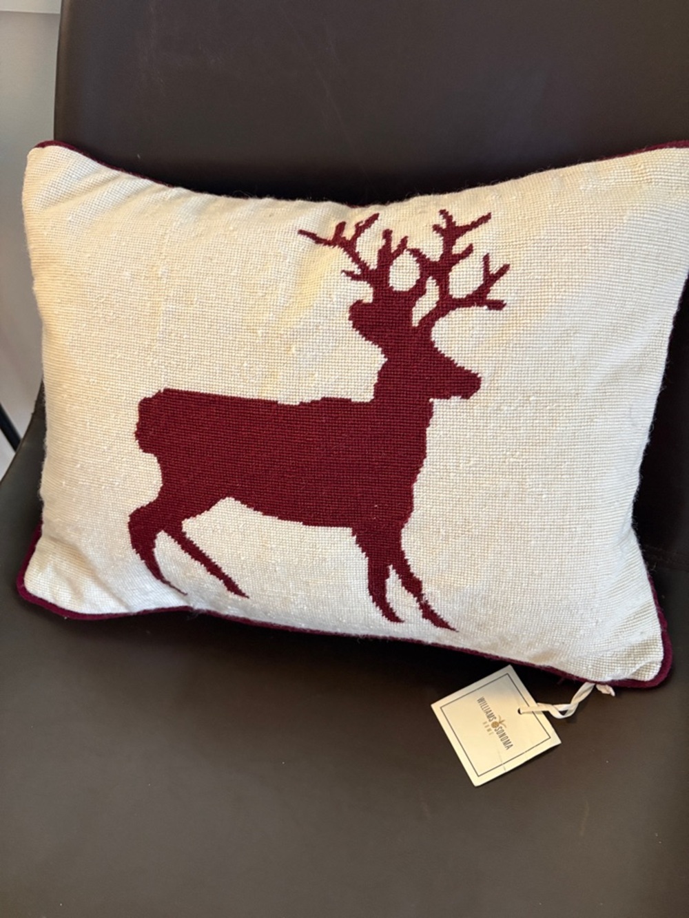 Williams Sonoma needle point deer Christmas pillow- 12" x 16"